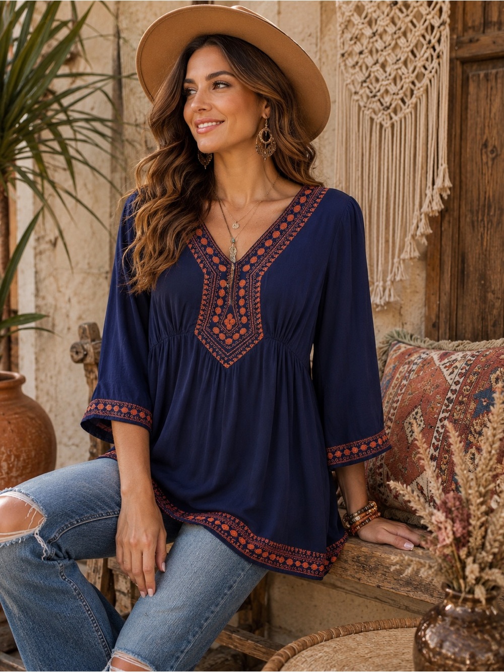 WD NY Navy Embroidered Boho Tunic Top Medium Rayon Peasant Festival Blouse - Picture 2 of 9